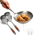 17.7" Wooden Handle Stainless Steel Skimmer, Hangable Frying Spoon Strainer with Anti-Scalding Wooden Handle, 304 Stainless Steel Material, for Salvage & Oil Draining (2Pcs)