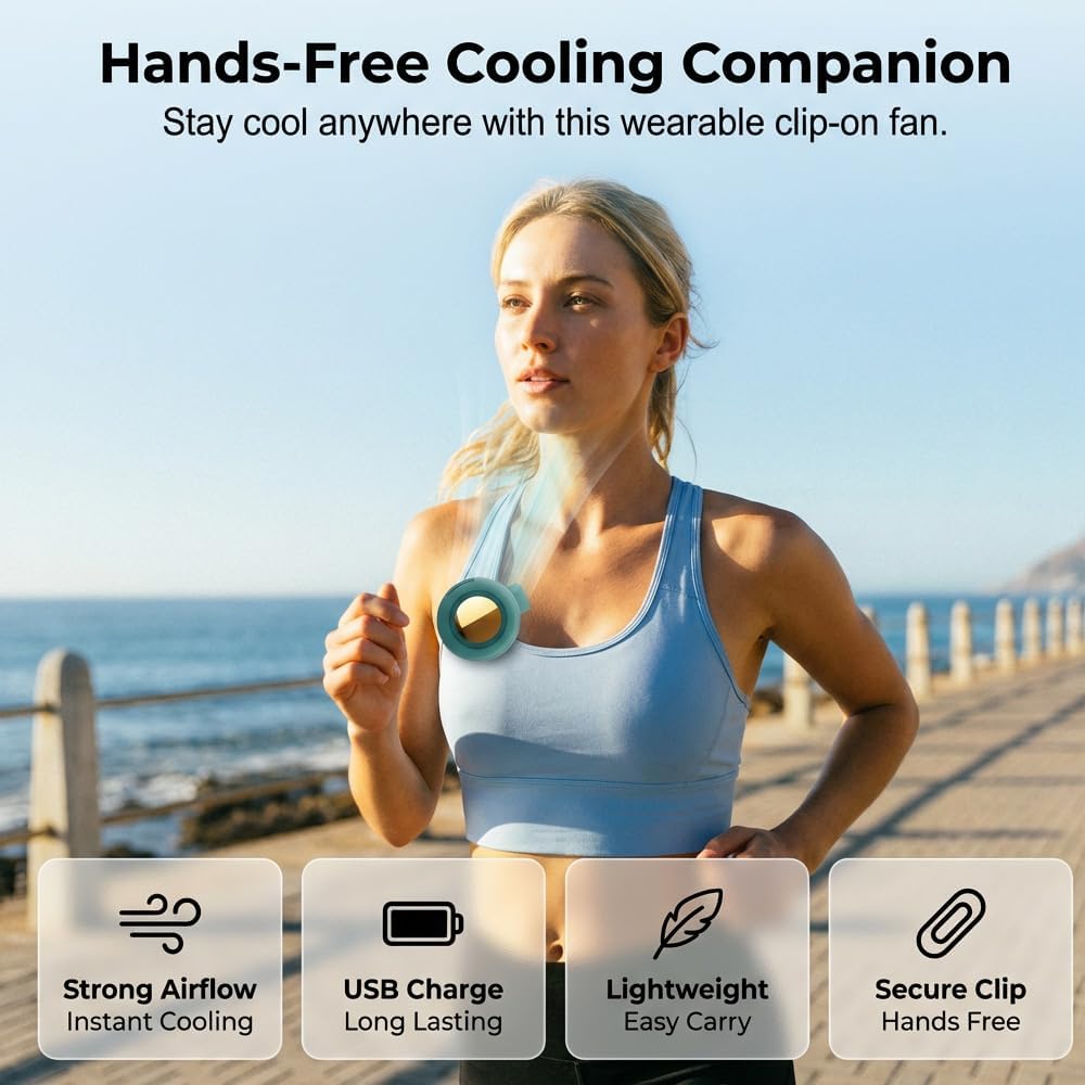 Portable Silent Clip On Bladeless Fan,Rechargeable Wearable Fan, Mini Fan with Clip for Shirt & Waist, Adjustable 3-Speed Portable Waist Neck Fan Hands-Free for Outdoor Travel Office