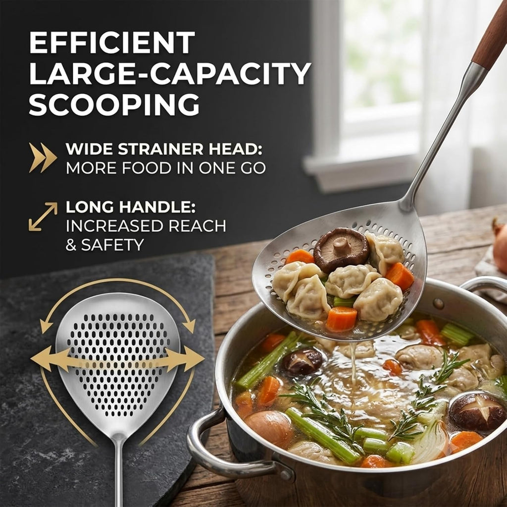 17.7" Wooden Handle Stainless Steel Skimmer, Hangable Frying Spoon Strainer with Anti-Scalding Wooden Handle, 304 Stainless Steel Material, for Salvage & Oil Draining (2Pcs)
