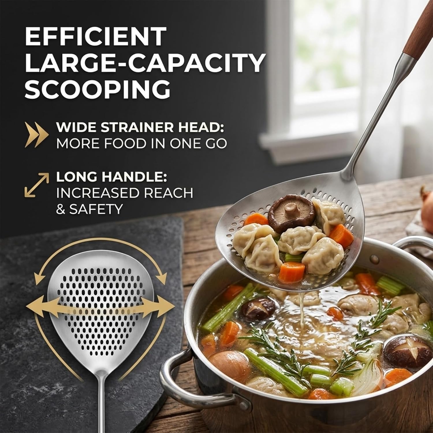 17.7" Wooden Handle Stainless Steel Skimmer, Hangable Frying Spoon Strainer with Anti-Scalding Wooden Handle, 304 Stainless Steel Material, for Salvage & Oil Draining (2Pcs)