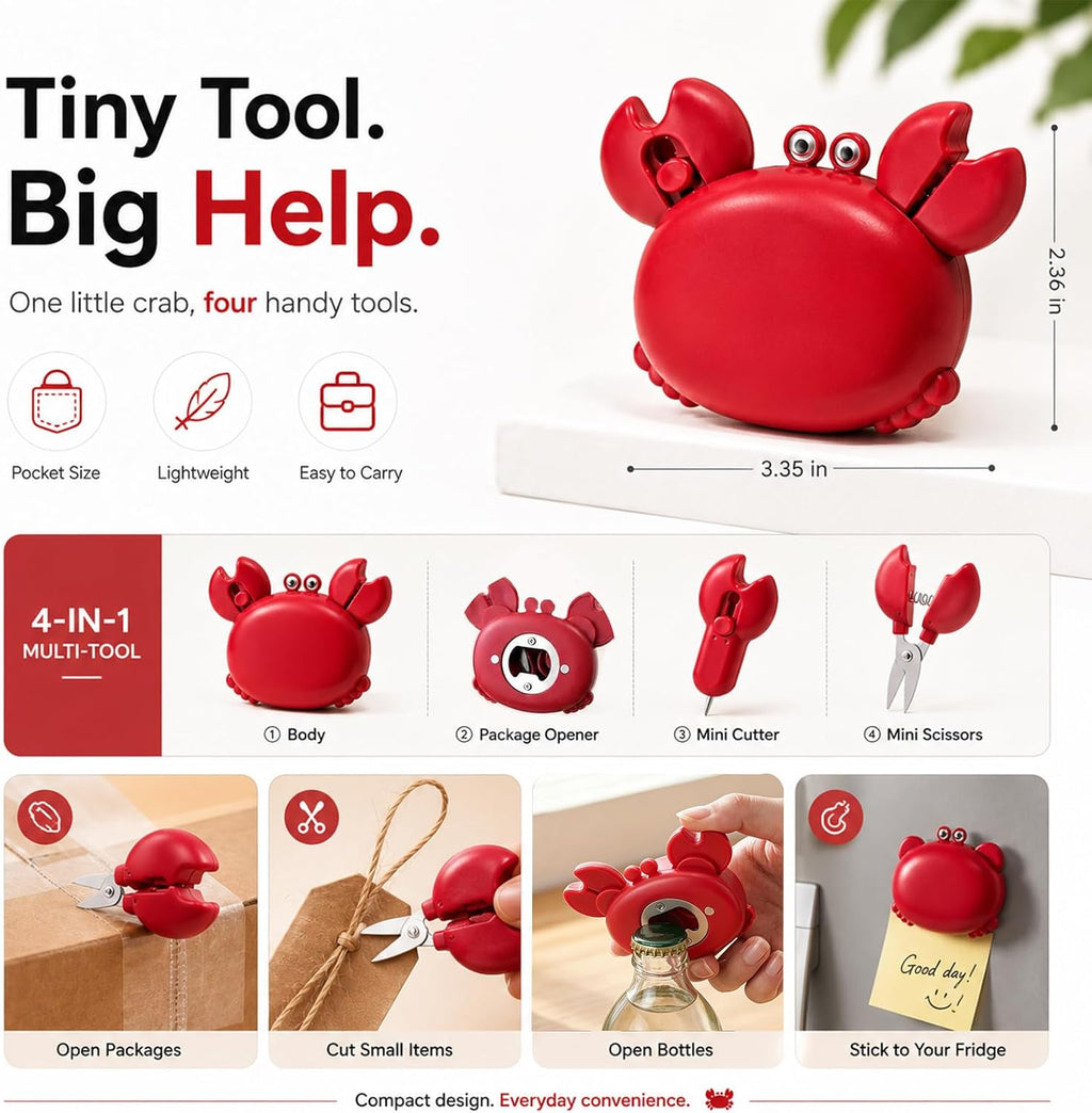 Crab Multifunctional Bottle Opener, 4-in-1 Crab Shape Beer Bottle Opener, Retractable Box Cutter & Mini Scissors, Fridge Decor, Portable Kitchen Gadget for Home Office