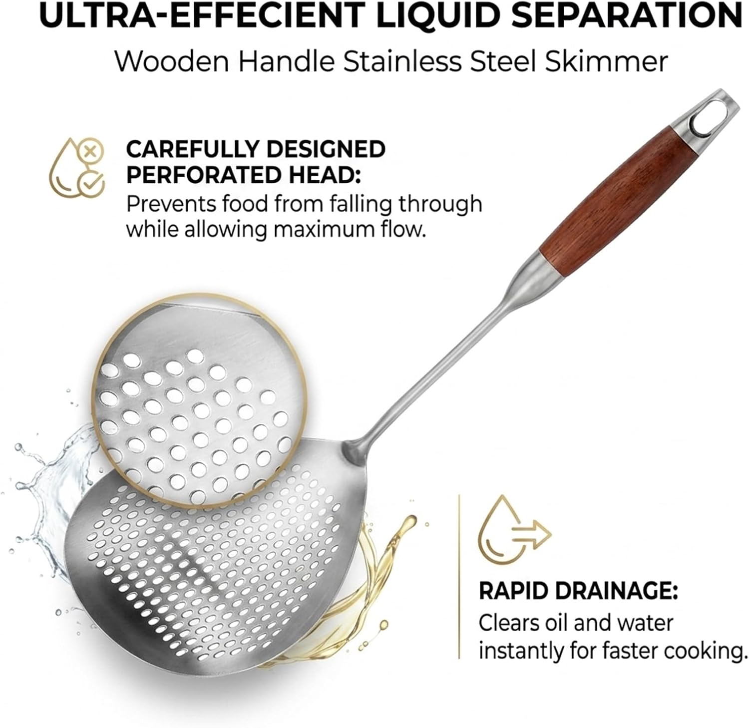 17.7" Wooden Handle Stainless Steel Skimmer, Hangable Frying Spoon Strainer with Anti-Scalding Wooden Handle, 304 Stainless Steel Material, for Salvage & Oil Draining (2Pcs)