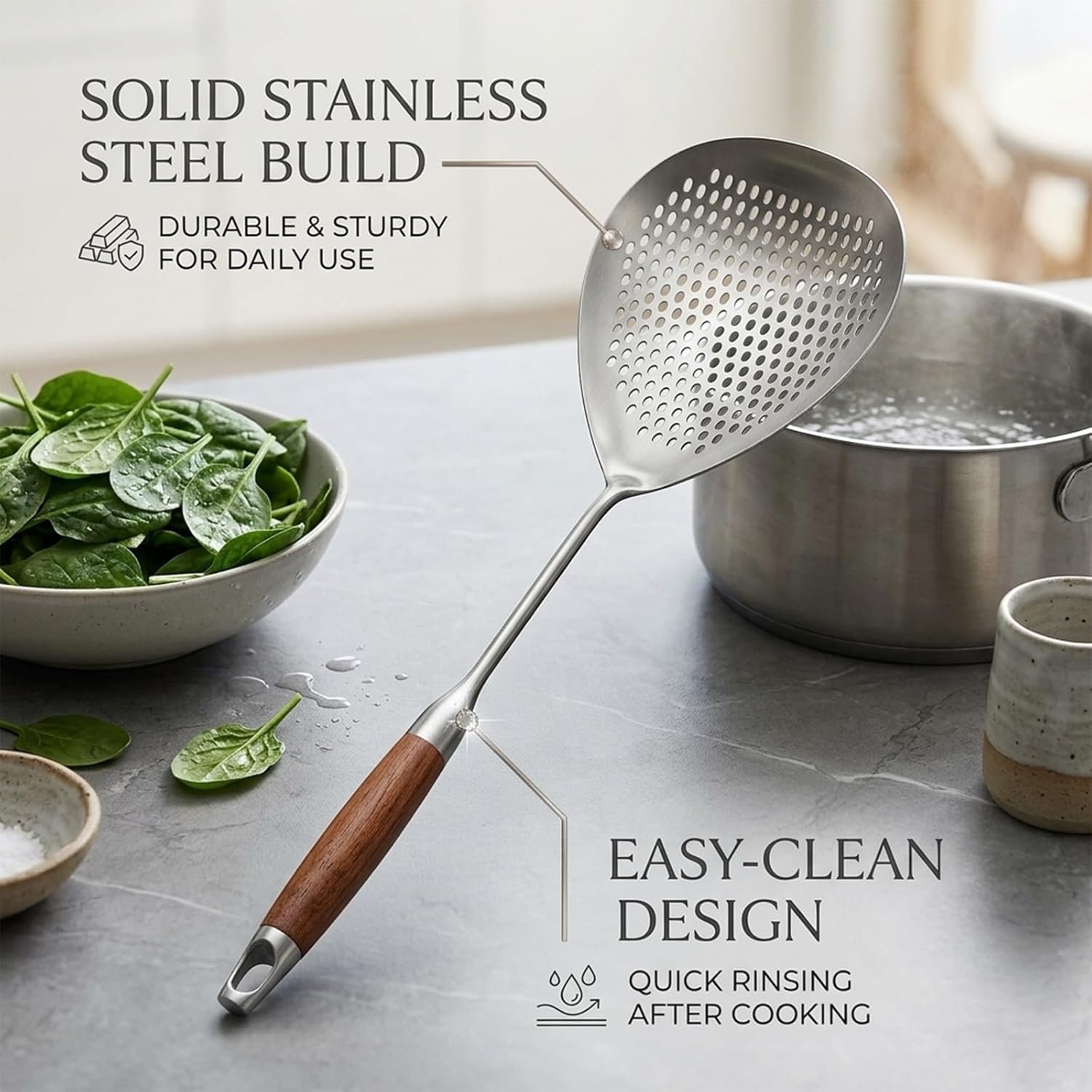 17.7" Wooden Handle Stainless Steel Skimmer, Hangable Frying Spoon Strainer with Anti-Scalding Wooden Handle, 304 Stainless Steel Material, for Salvage & Oil Draining (2Pcs)
