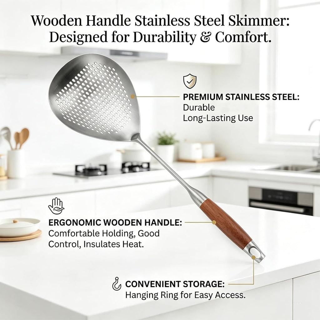 17.7" Wooden Handle Stainless Steel Skimmer, Hangable Frying Spoon Strainer with Anti-Scalding Wooden Handle, 304 Stainless Steel Material, for Salvage & Oil Draining (2Pcs)